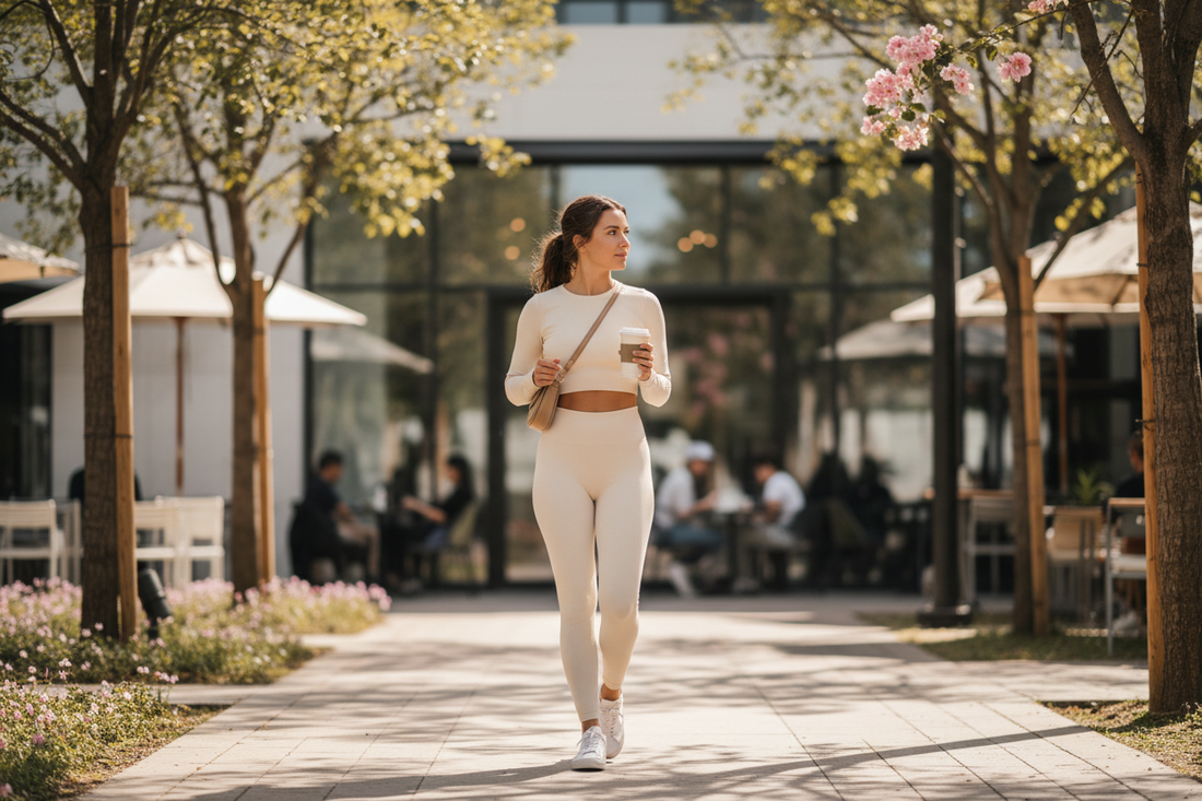 Woman in activewear leggings and matching top, confident and ready for the day — Stride Society NZ