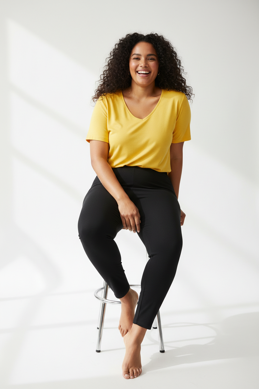 Casual Curve Set – Yellow top, Black leggings, new pose