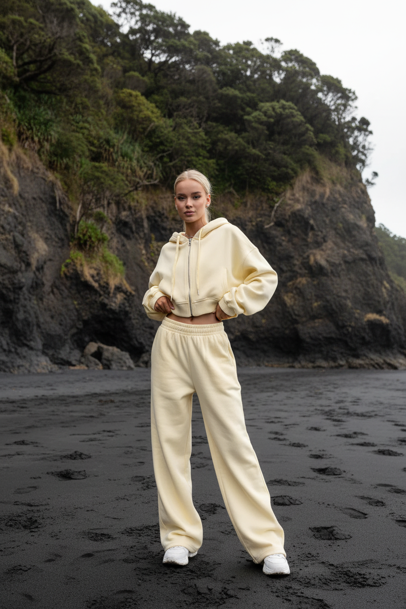 Women's Cropped Zip Hoodie & Wide Leg Sweatpants Set - Yellow