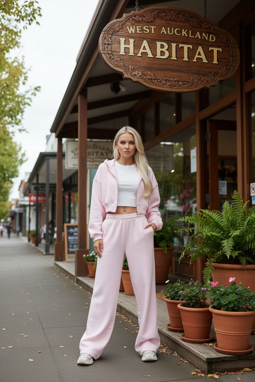 Women's Cropped Zip Hoodie & Wide Leg Sweatpants Set - Pink