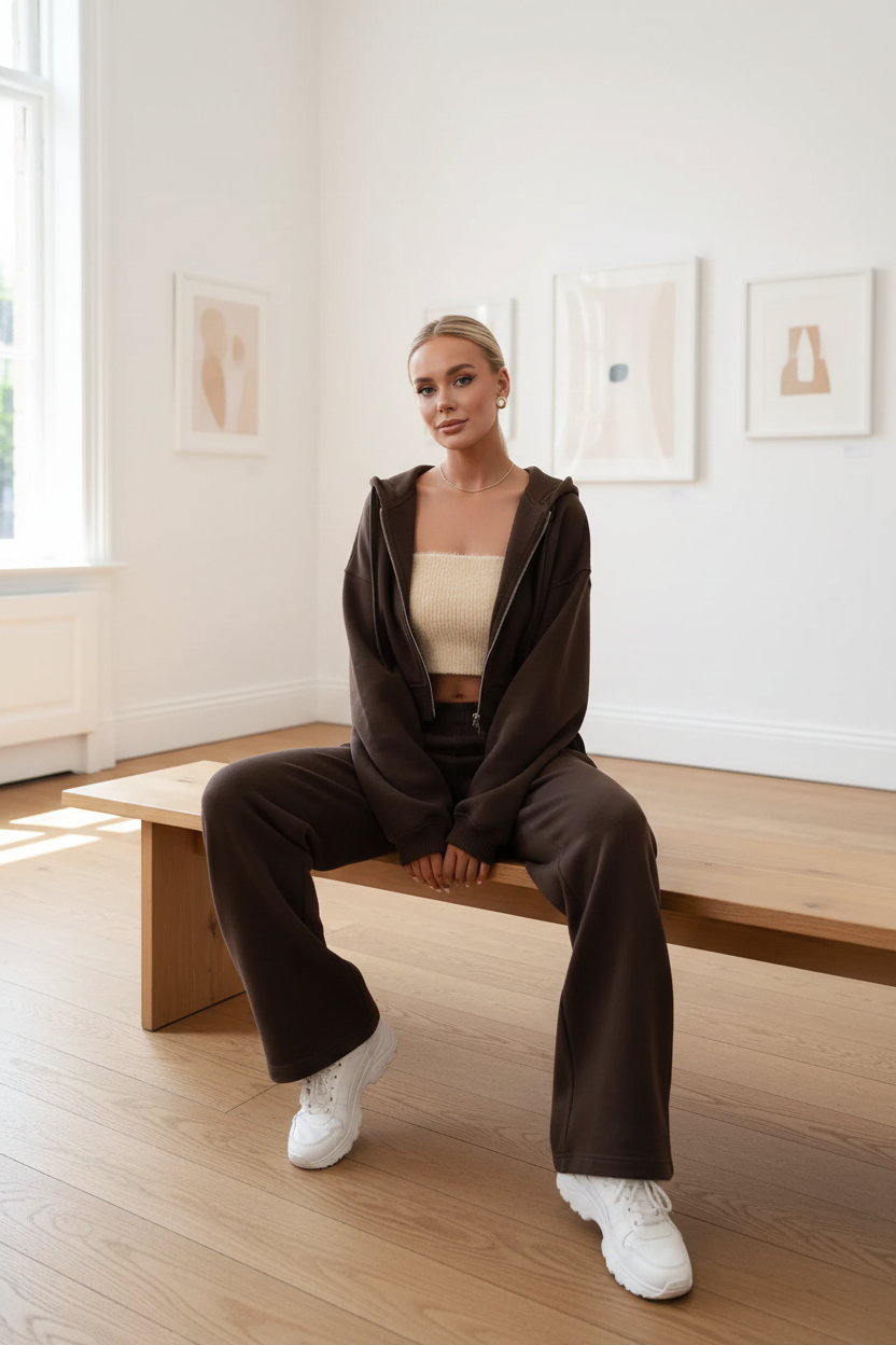 Women's Cropped Zip Hoodie & Wide Leg Sweatpants Set - Brown