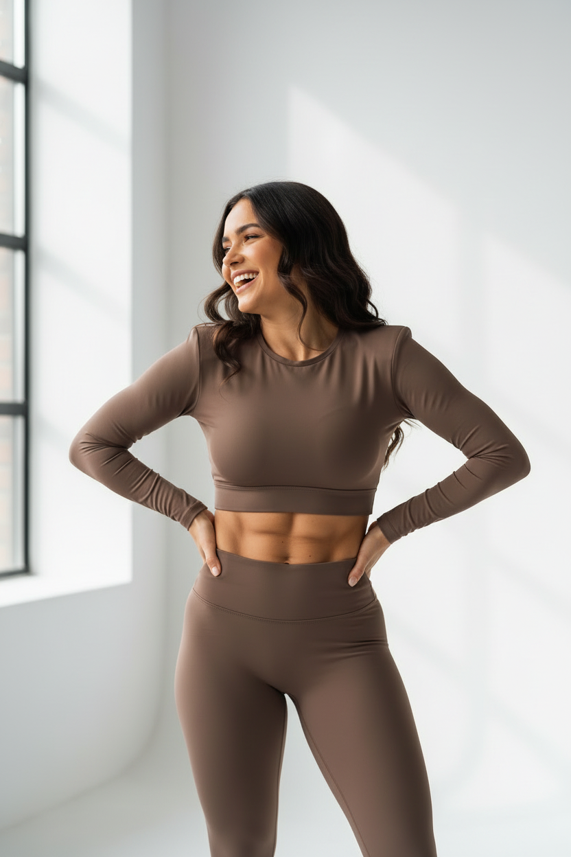 Padded Sports Top – Brown, curvy model