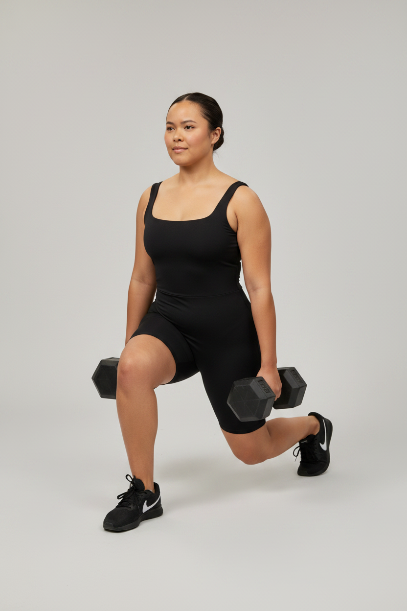 Samoan Model Lunge Pose Black Dumbbells